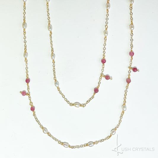 Baroque Seed Pearls With Pink Tourmaline Long Necklace
