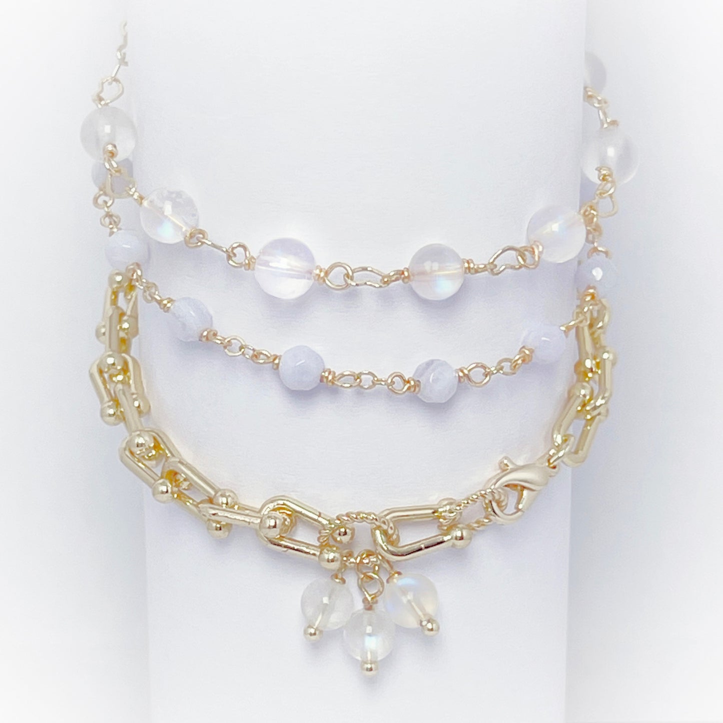 Moonstone / Blue Lace Agate Gold Link Stack NEW