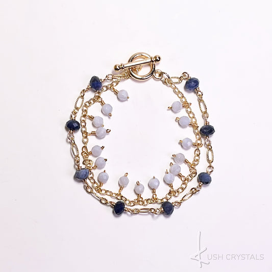 Blue Lace Agate Double Gold Link Bracelet