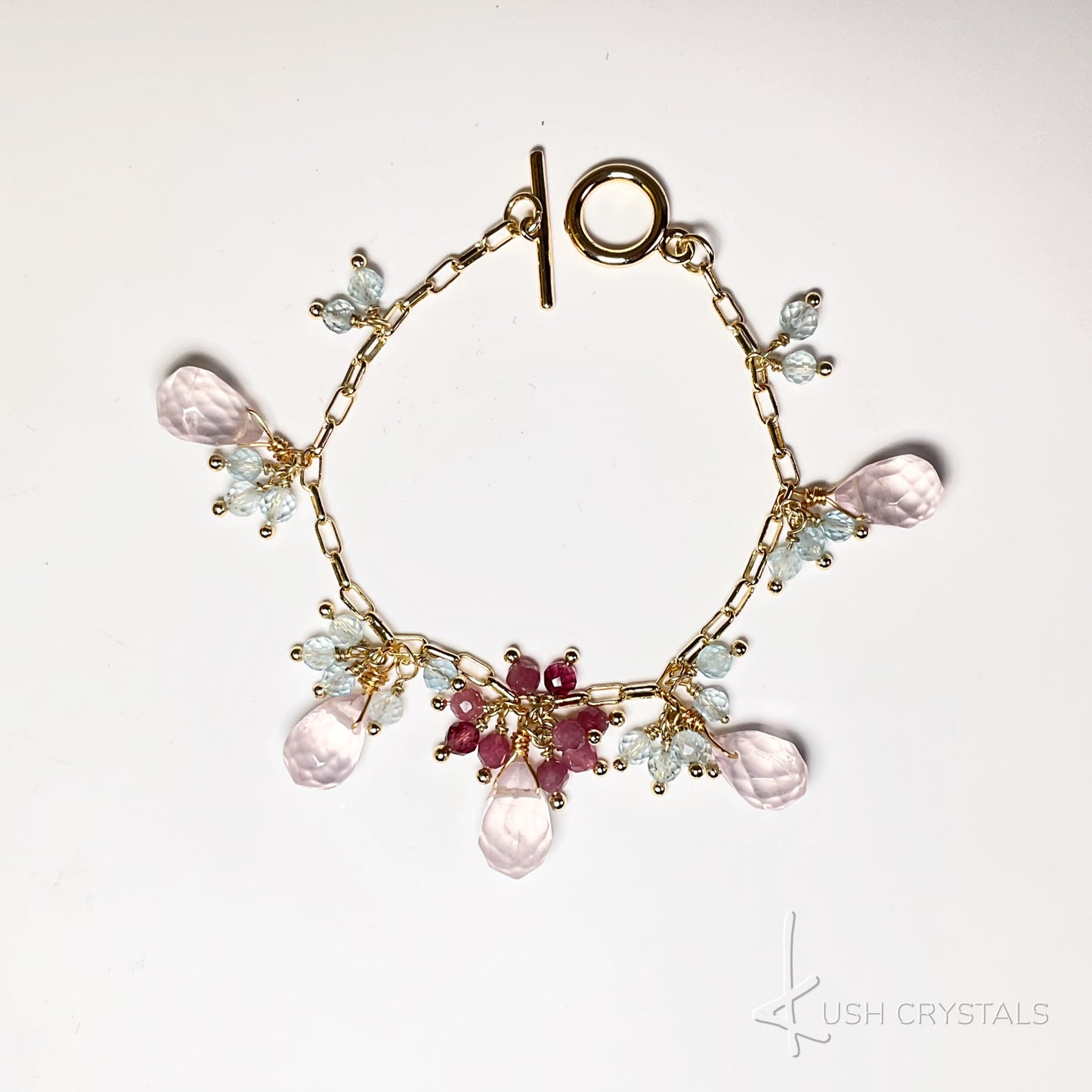Rose Quartz Drops Pink Tourmaline Toggle Link Bracelet