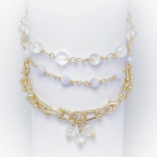 Moonstone / Blue Lace Agate Gold Link Stack NEW